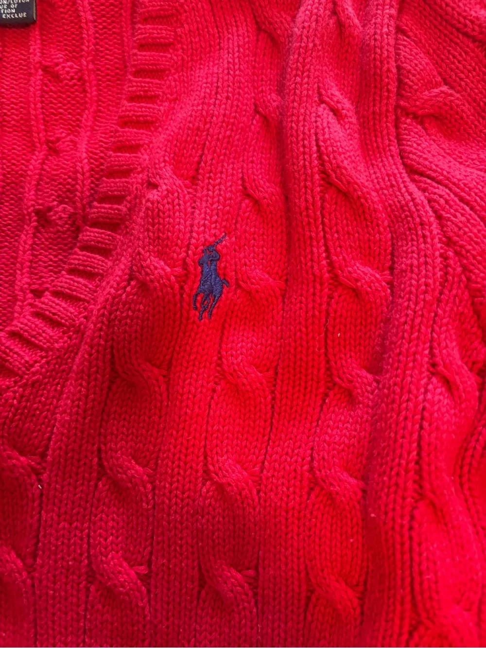 Ralph Lauren Red Cable-Knit V-Neck Sweater with Navy Pony Logo
